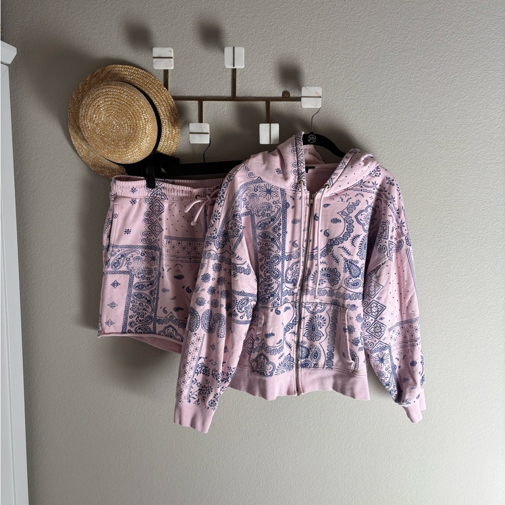 J. Crew Pink Paisley Hoodie Short Set Cotton Large